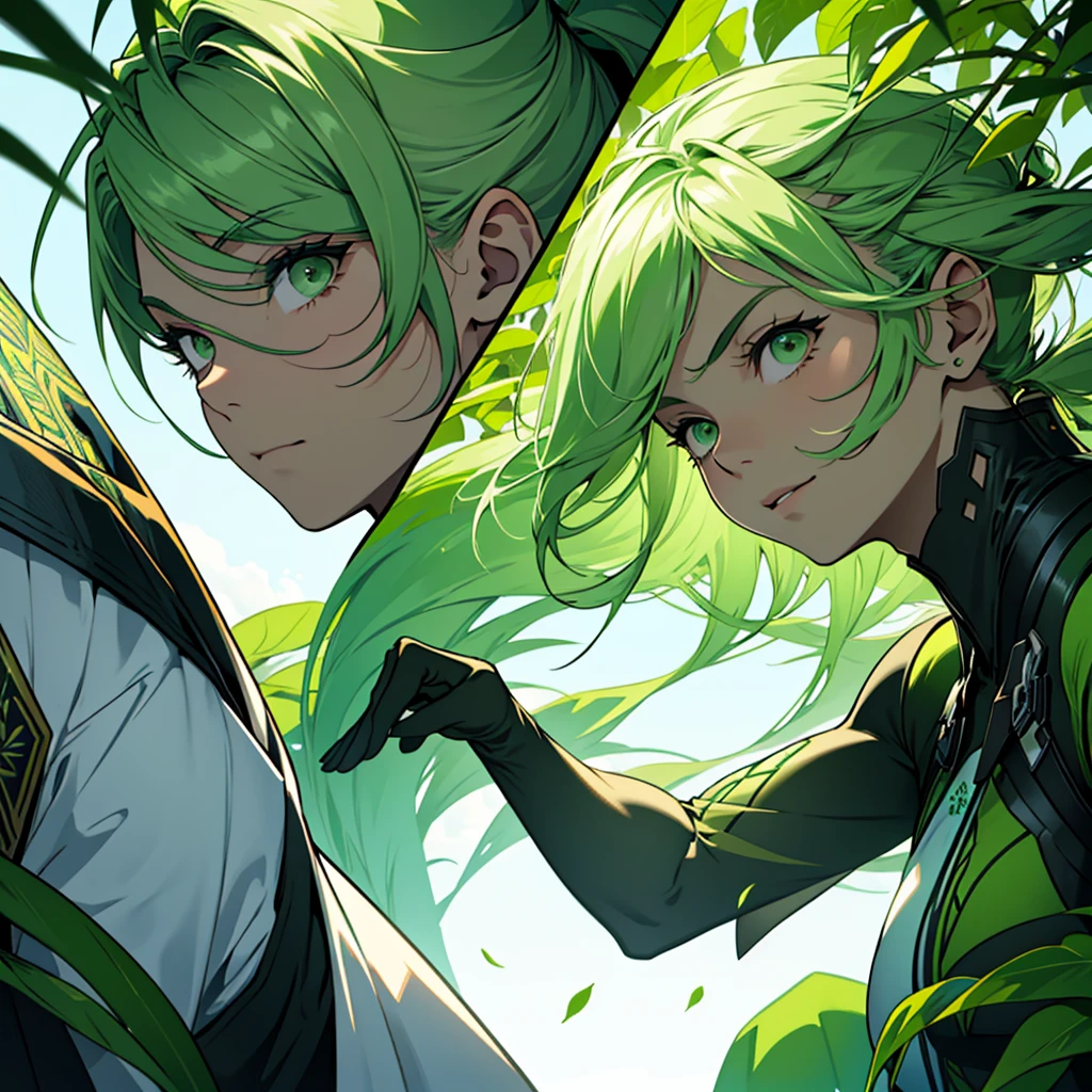 Create an image divided into four sections with a green theme: a lively Campaigner male, a serene Mediator female, a confident Protagonist male, and a wise Advocate male, each in distinctive poses against a unified backdrop with shades of green, incorporating delicate and mystical elements to enhance the overall visual appeal.