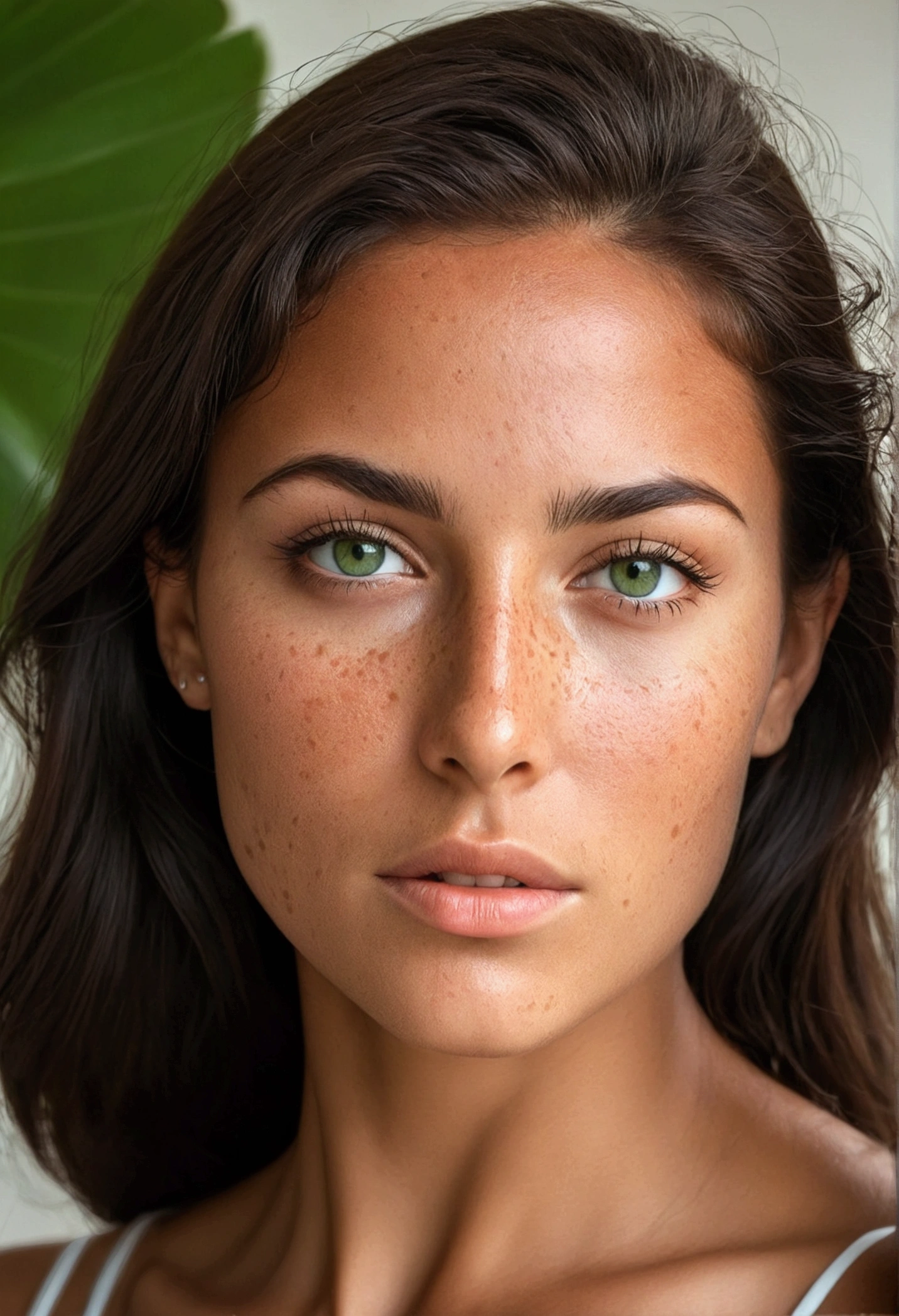 woman of latin origin has tanned skin , corps sexy , brunette hair , green eyes ,freckle