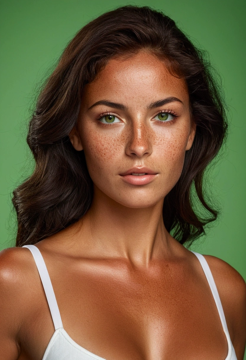 woman of latin origin has tanned skin , corps sexy , brunette hair , green eyes ,freckle