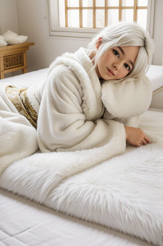 (furry White wolf)(female)(child) (white hair)(yellow eyes)(soft fluffy fur)(pet)(white scarf)(pure white kimono) (in the temple On the bed)(lying on the bed)(so cute)