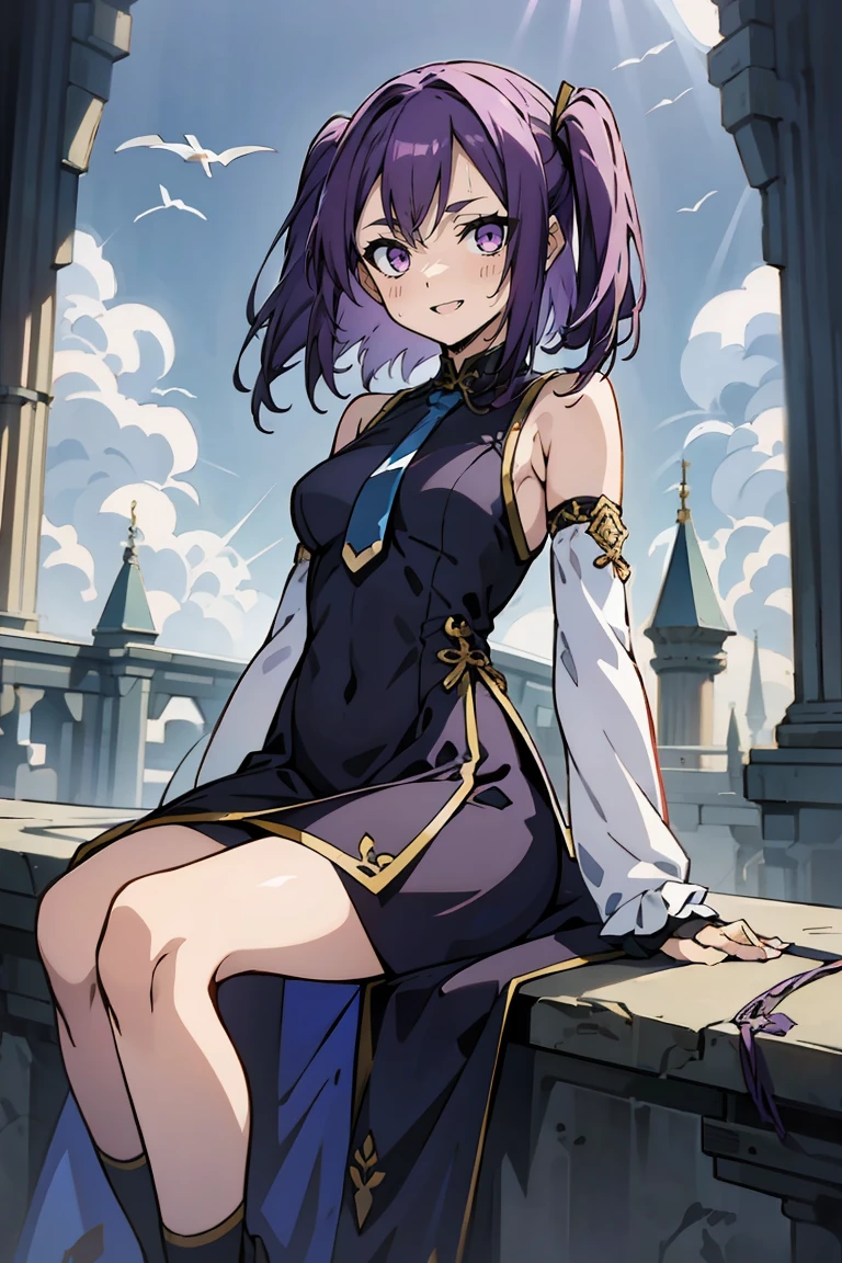 (masterpiece:1.2), (high quality:1.2), reo mikage, blue lock, girls with((1girl, solo, purple hair, (medium hair, right swept bangs, one side up:1.55), bare shoulder, blush, breasts, choker, cleavage, cowboy shot, collar, collarbone, rosary, cross, white clothes, blouse, white dress, sleeveless, collared shirt, collarbone, necktie, black sleeves, arm wears, elbow armwarmers, navy cheongsam, cinderella dress, long dress, frilled panniers, (open dress:1.34), black leggings, boots, sandals, bare legs, sittings)), background with((fantasy world, ruin, castle, beautiful sky, shining sky, sunshine:1.35))