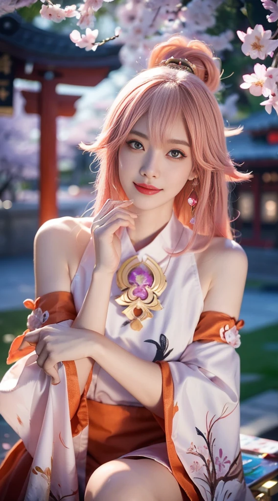 kpop idol, yae miko, detached sleeves, bare shoulders, pink hair, long hair, japanese clothes, best quality, (painting:1.5), (hair ornament:1.35), jewelry, purple eyes, earrings, breasts, torii, cherry blossoms, lantern light, depth of field face focus, ribbon_trim, (looking at viewer:1.25), nontraditional miko, shiny skin, long sleeves, smile, thick lips, hands on lips, east asian architecture, (blurry background:1.2), sitting, upper body,((ultra high res, 8k, RAW photo, best quality, masterpiece:1.47746,realistic:1.4, photo-realistic:1.4,cinematic lighting:1,intricate details:1,raw photo:1))(((ultra-detailed:1.47746))),professional lighting,((physically-based rendering:1)), ((ruddy skin:1,sweat))lens flare,ray tracing ,(extremely detailed face, beautiful detailed eyes,expressive hair:1.5,shiny hair;1)cinematic lighting,(vivid expression) (body muscle:1) solo(1girl:1.5)((smiling:1),(plump figure:1,blance body:1)(realistic hand,realistic clothes)