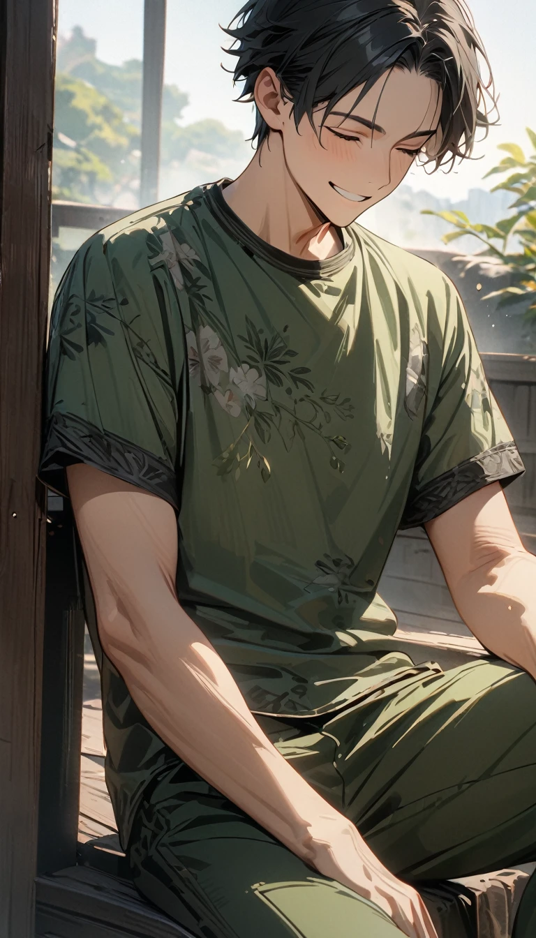adult guy, short black hair, closed eyes, smile, green Chinese pants, green Chinese shirt, short sleeves, Masterpiece, best quality, Full HD, 8k, ultra details, great graphic