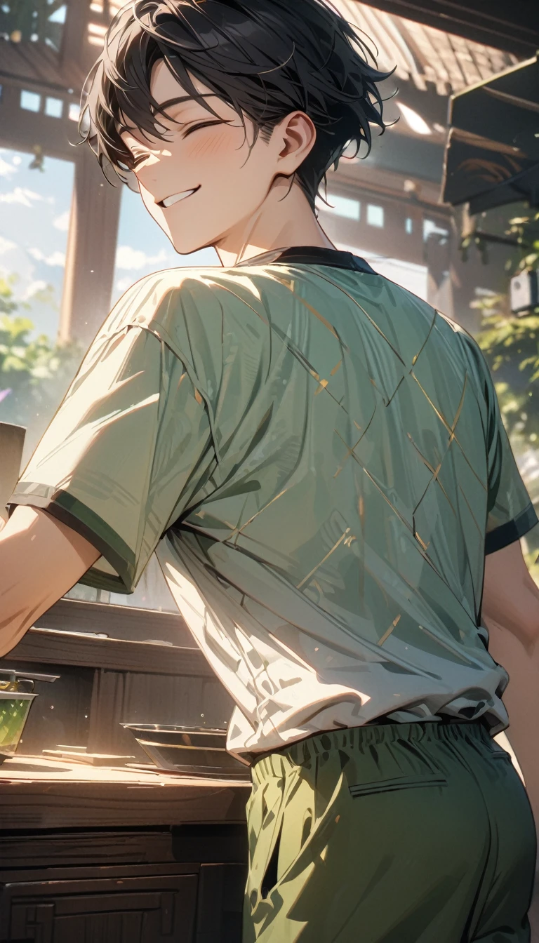 adult guy, short black hair, closed eyes, smile, green Chinese pants, green Chinese shirt, short sleeves, Masterpiece, best quality, Full HD, 8k, ultra details, great graphic