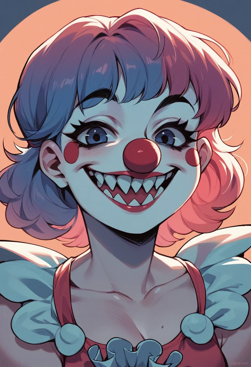 Clown girl, sharp teeth, smiling