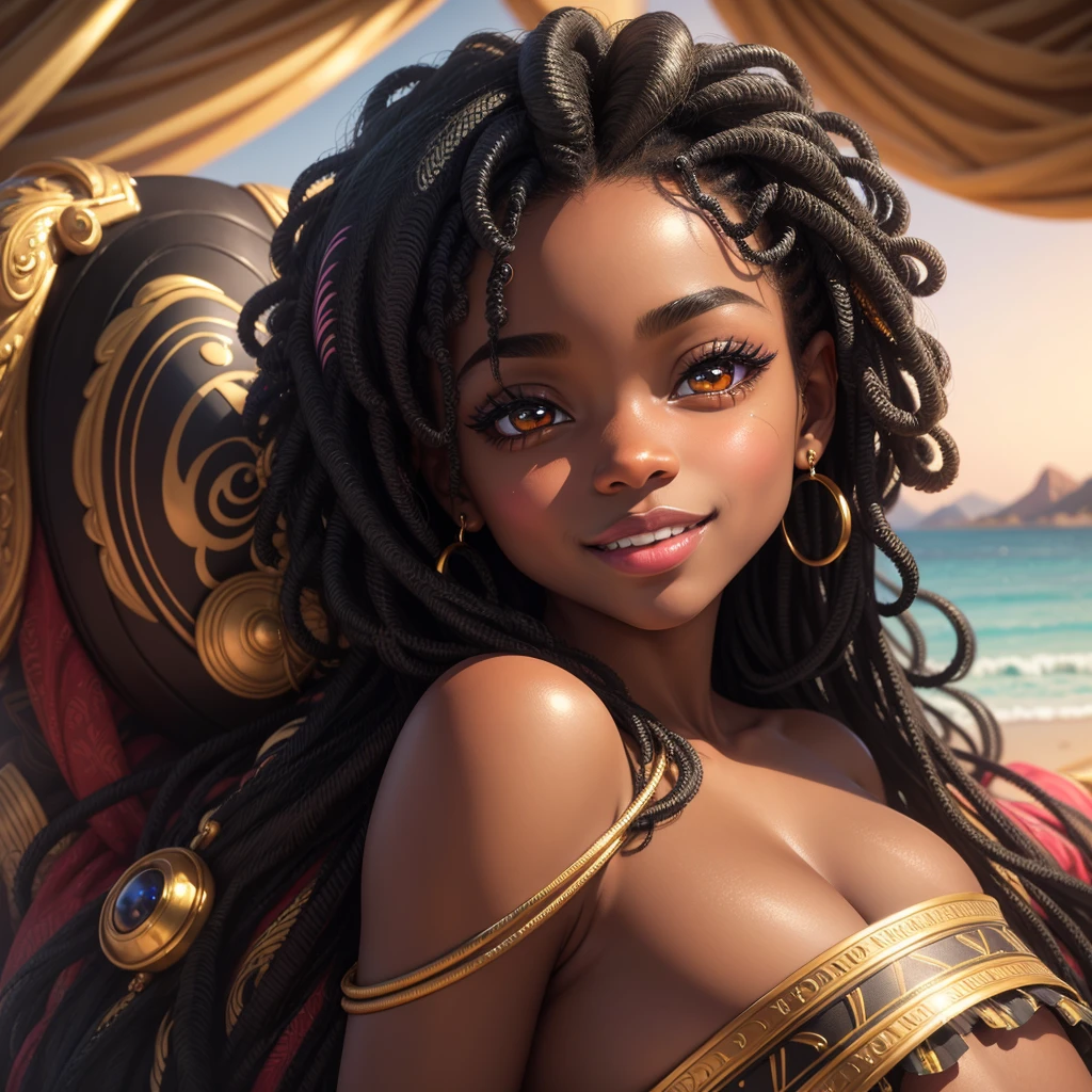 masterpiece, best quality, masterpiece, godlike quality, godlike art, highly detailed face, highly realistic, cute, young black girl, smiling, big eyes, long eyelashes, multicolored hair, multicolored eyes, shiny black skin, full lips, big lips, shiny skin, blushing, magnificent view