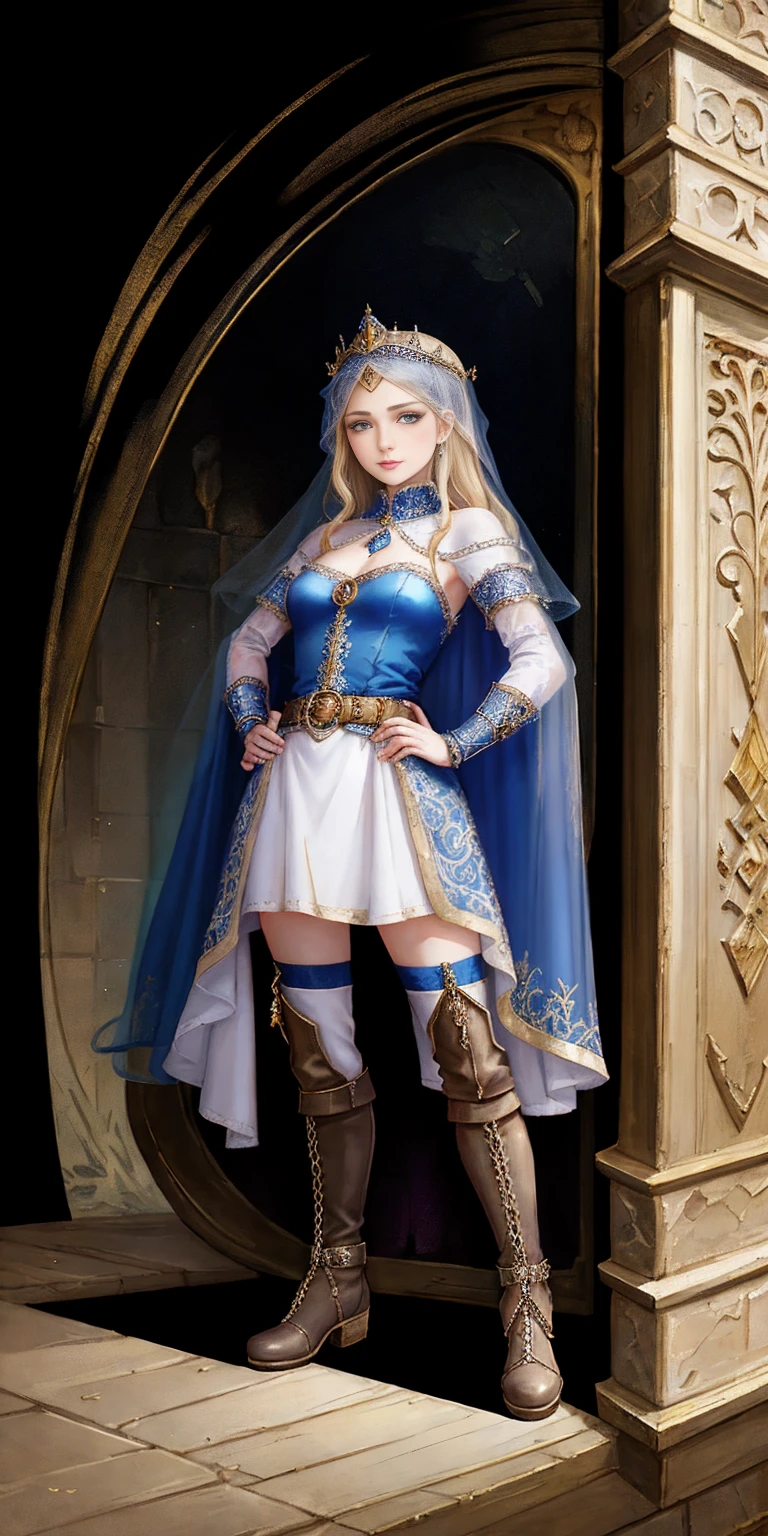 full body of a woman in a dress with a veil, feet together, standing feet together, military boots, beautiful fantasy maiden slave warrior, beautiful fantasy art portrait, fantasy victorian art, medieval fantasy art, beautiful and elegant queen, portrait of queen of light, fantasy portrait art, gothic fantasy art, a beautiful fantasy empress ((white background)) hands on hip