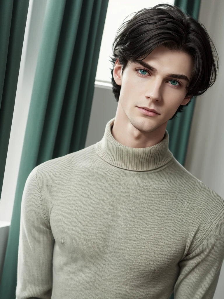 (best quality), 1boy, pale skin, black hair, medium hair, curtain hair, tousled hair, green eyes, perfect eyes, dark circles under eyes, tall, slender, handsome, strong jawline, lazy, light smile, attractive, turtleneck sweater, masterpiece, anatomically correct, highres
