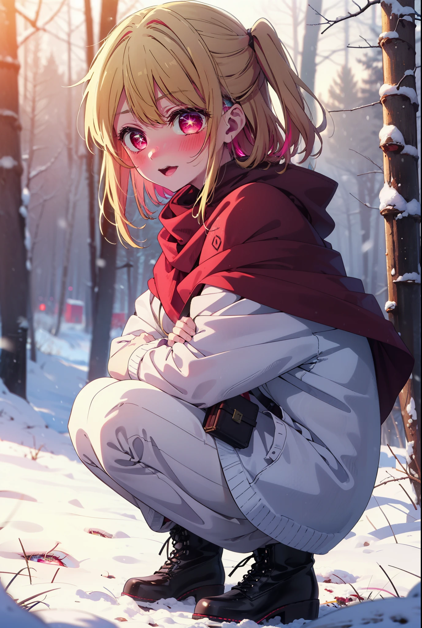 rubyhoshino, Hoshino Ruby, Long Hair, bangs, blonde, (Pink Eyes:1.3), Side Lock, (Symbol-shaped pupil:1.5), Multicolored Hair, Two-tone hair, smile,,smile,blush,white breath,
Open your mouth,snow,Ground bonfire, Outdoor, boots, snowing, From the side, wood, suitcase, Cape, Blurred, , forest, White handbag, nature,  Squat, Mouth closed, Cape, winter, Written boundary depth, Black shoes, red Cape break looking at viewer, Upper Body, whole body, break Outdoor, forest, nature, break (masterpiece:1.2), Highest quality, High resolution, unity 8k wallpaper, (shape:0.8), (Beautiful and beautiful eyes:1.6), Highly detailed face, Perfect lighting, Extremely detailed CG, (Perfect hands, Perfect Anatomy),