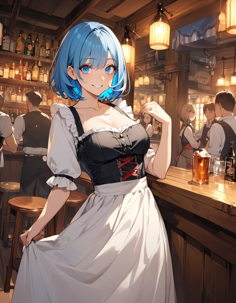 (Top quality illustrations:1.2), (pretty girl:1.1), (1 girl、17 years old), (1 girl、smile)、Big eyes、Bright blue hair、Short Bob Hair、Taverns in Germany、Inside the bar、Dirndl、One piece with frills、Long skirt、Beautiful breasts、Cowboy Shot