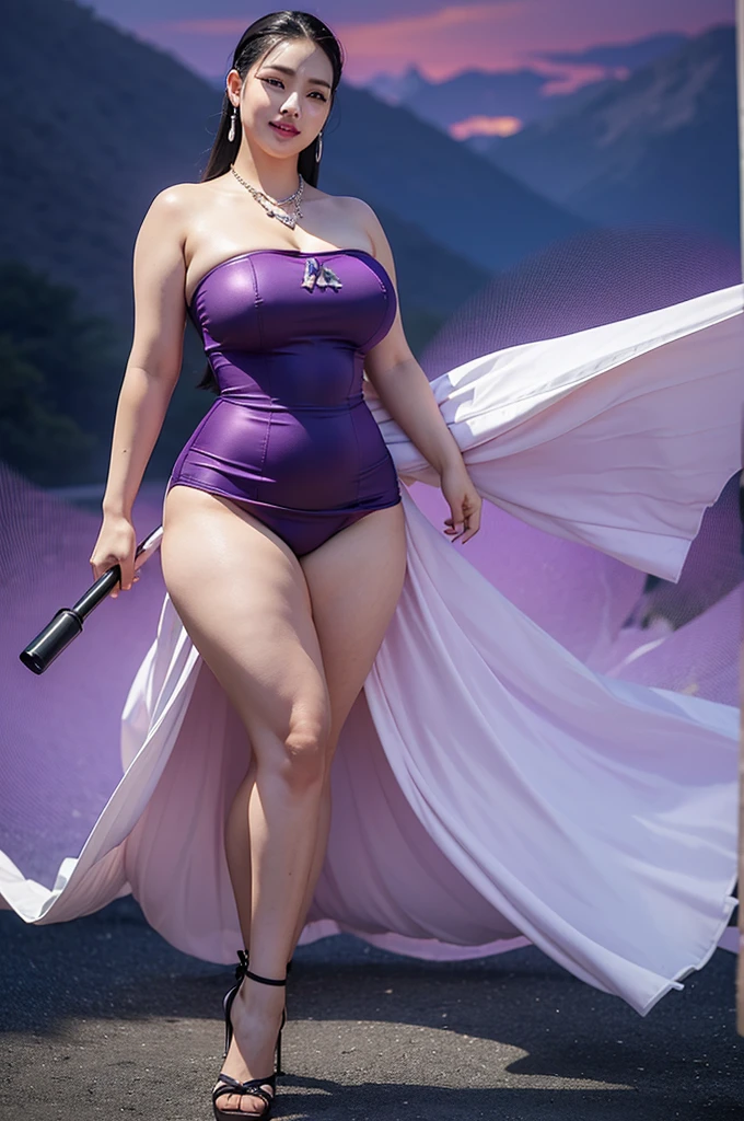 (8k, ultra high resolution, highest quality, masterpiece:1.2), ultra realistic, (realistic, photorealistic:1.37), (realistic skin:1.2), ultra detailed, Canon EOS RP, 8k, Korean mature woman, smiling, (obese), (((super curvaceous,))) ((super voluptuous,)) ((full body shot)), thick ankles, (red slicked back hair:1.5), (long hair), (flowing hair), (smiling), staring, (purple bodycon one piece suit with mini skirt), (strapless:1.3), teardrop earrings and necklace, super long file stick as long as her height, purple high heels, full body shot, (fire city background),