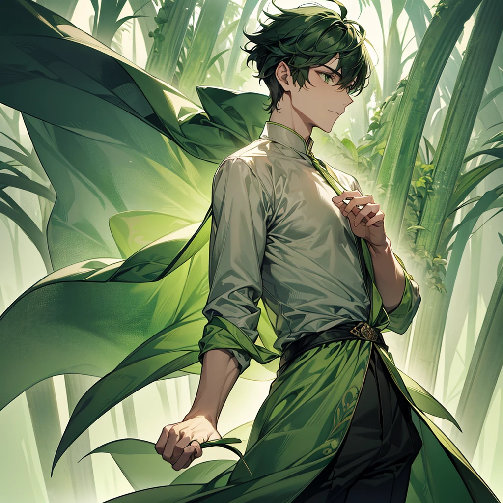 Create an image divided into four sections with a green theme: a lively Campaigner male, a serene Mediator female, a confident Protagonist male, and a wise Advocate male, each in distinctive poses against a unified backdrop with shades of green, incorporating delicate and mystical elements to enhance the overall visual appeal.