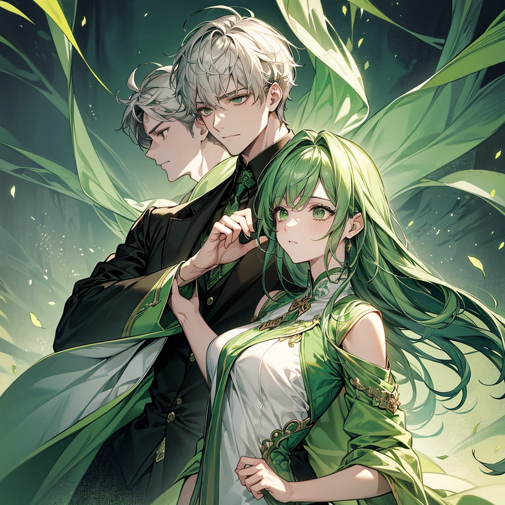 Create an image divided into four sections with a green theme: a lively Campaigner male, a serene Mediator female, a confident Protagonist male, and a wise Advocate male, each in distinctive poses against a unified backdrop with shades of green, incorporating delicate and mystical elements to enhance the overall visual appeal.