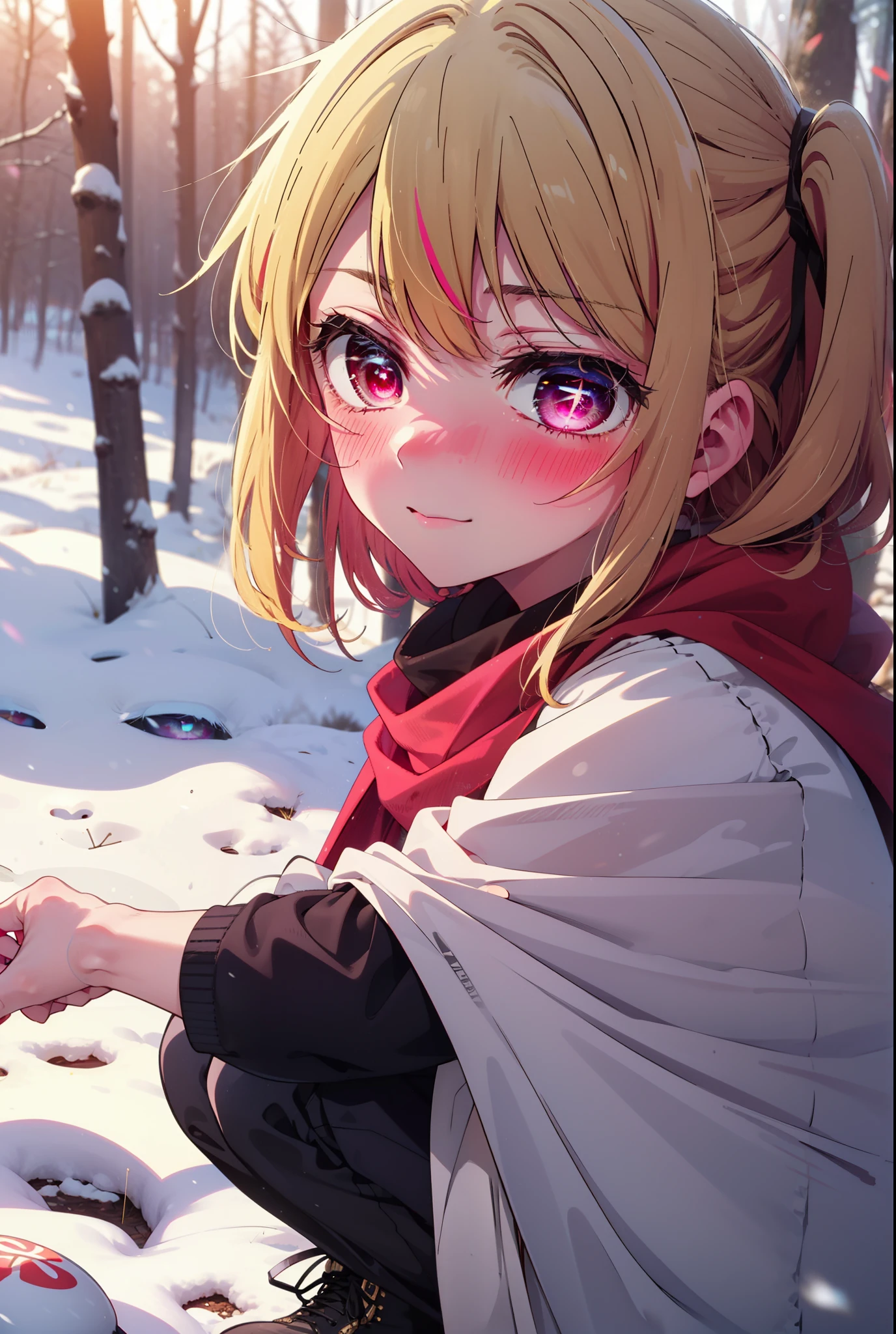 rubyhoshino, Hoshino Ruby, Long Hair, bangs, blonde, (Pink Eyes:1.3), Side Lock, (Symbol-shaped pupil:1.5), Multicolored Hair, Two-tone hair, smile,,smile,blush,white breath,
Open your mouth,snow,Ground bonfire, Outdoor, boots, snowing, From the side, wood, suitcase, Cape, Blurred, , forest, White handbag, nature,  Squat, Mouth closed, Cape, winter, Written boundary depth, Black shoes, red Cape break looking at viewer, Upper Body, whole body, break Outdoor, forest, nature, break (masterpiece:1.2), Highest quality, High resolution, unity 8k wallpaper, (shape:0.8), (Beautiful and beautiful eyes:1.6), Highly detailed face, Perfect lighting, Extremely detailed CG, (Perfect hands, Perfect Anatomy),
