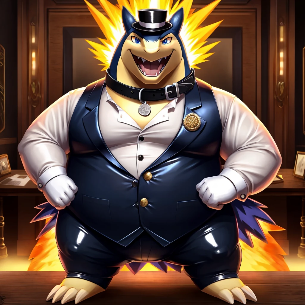 Solo, Male, fat, extremely obese, gentleman, dapper Professor Typhlosion, steampunk, blue eyes, (posing:1.3), (soft shading), 4k, hi res, ((detailed face, detailed)), looking at viewer, mouth wide open, evil laugh, dapper clothing, collared shirt with buttons, top hat, male focus, Explorer Outfit, glasses, monocle, vest with buttons, sleeves rolled up, round eyewear, brown headwear, brown vest, office, Typhlosion is wearing a glossy leather dog collar around the neck, Typhlosion is wearing the leather collar and shirt and vest at the same time, Typhlosion is wearing glossy white rubber gloves on the hands, wearing white rubber gloves on the feet, gloves are rubber in texture, clenching fists, leather collar is glossy and shiny with a lot of detail, Typhlosion is wearing gloves and leather collar at the same time, leather collar has a round dog-tag, leather collar is thick and detailed, leather collar is glossy and shiny, fancy clothing, dapper vest, dapper shirt, leather collar is thick, glossy leather collar.