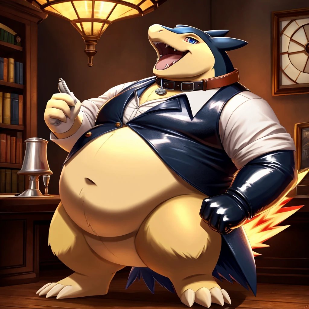 Solo, Male, fat, extremely obese, gentleman, dapper Professor Typhlosion, steampunk, blue eyes, (posing:1.3), (soft shading), 4k, hi res, ((detailed face, detailed)), looking at viewer, mouth wide open, evil laugh, dapper clothing, collared shirt with buttons, top hat, male focus, Explorer Outfit, glasses, monocle, vest with buttons, sleeves rolled up, round eyewear, brown headwear, brown vest, office, Typhlosion is wearing a glossy leather dog collar around the neck, Typhlosion is wearing the leather collar and shirt and vest at the same time, Typhlosion is wearing glossy white rubber gloves on the hands, wearing white rubber gloves on the feet, gloves are rubber in texture, clenching fists, leather collar is glossy and shiny with a lot of detail, Typhlosion is wearing gloves and leather collar at the same time, leather collar has a round dog-tag, leather collar is thick and detailed, leather collar is glossy and shiny, fancy clothing, dapper vest, dapper shirt, leather collar is thick, glossy leather collar.
