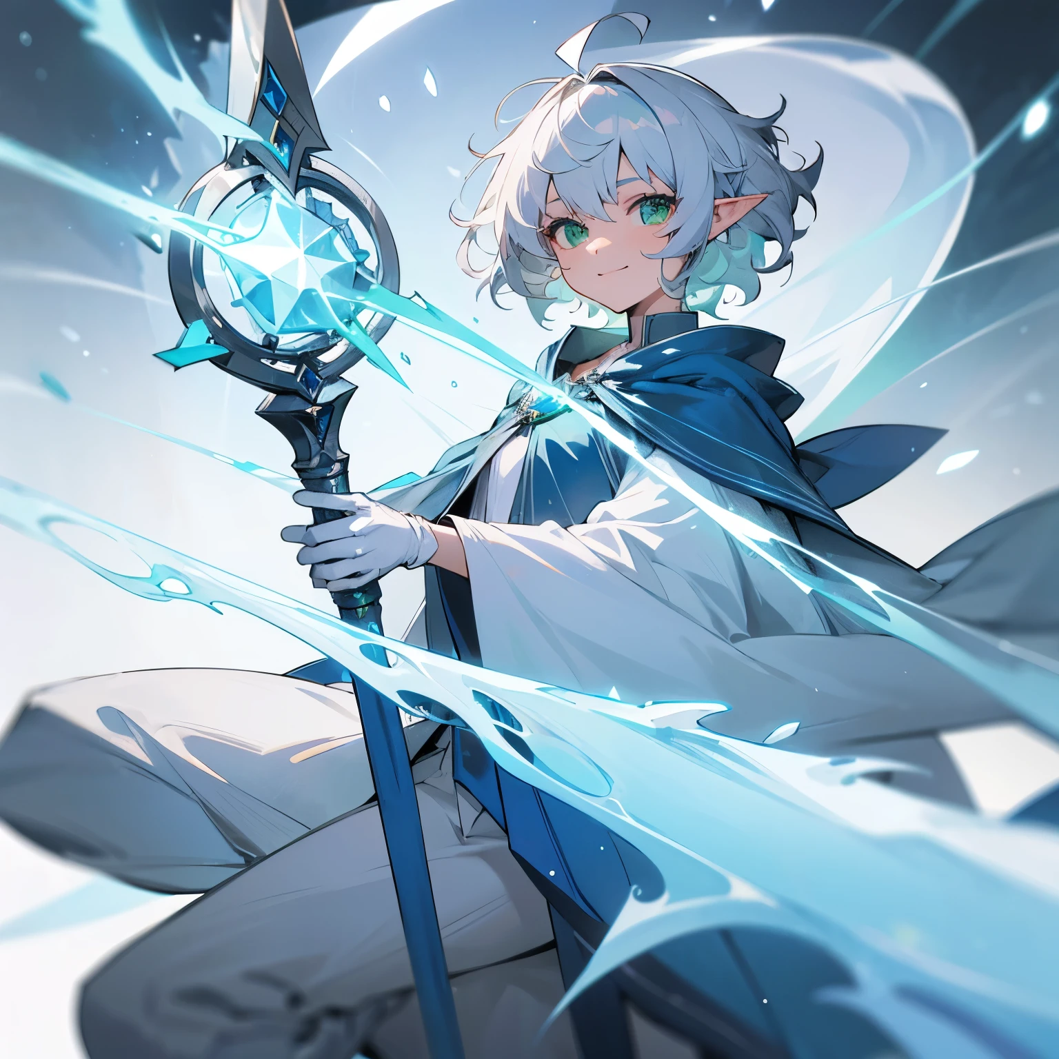 Elf, silver hair,short hair, medium cut, ahoge, curly hair,green eyes,slender, fair skin, cool Smile, robe, wizard, s wand with blue gem, cloak, White gloves, long boots, pants, ice loads magic effect, blue effect, upper body, looking at viewer