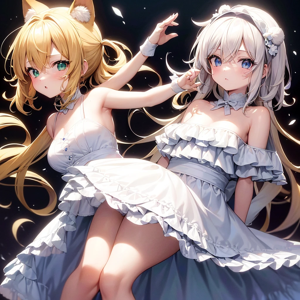 Crée un chibi féminins ( cheveux blonds avec quelques mèche blanche et un peu long, des oreilles et une queue de renard de neige, ses yeux sont bleu/vert, elle a des tâches de rousseur pas vraiment visible, elle porte un vêtements de nature mais comme même mignon)
