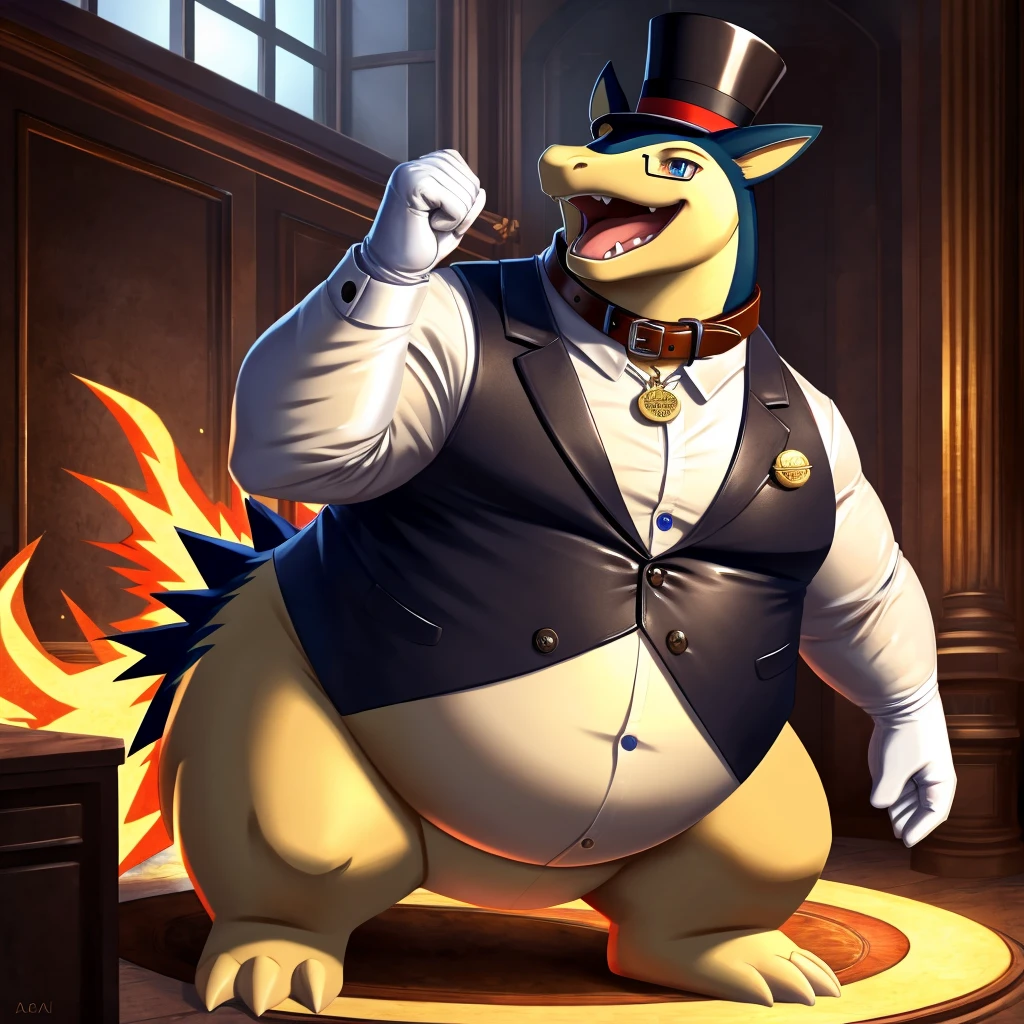 Solo, Male, fat, extremely obese, gentleman, dapper Professor Typhlosion, steampunk, blue eyes, (posing:1.3), (soft shading), 4k, hi res, ((detailed face, detailed)), looking at viewer, mouth wide open, evil laugh, dapper clothing, collared shirt with buttons, top hat, male focus, Explorer Outfit, glasses, monocle, vest with buttons, sleeves rolled up, round eyewear, brown headwear, brown vest, office, Typhlosion is wearing a glossy leather dog collar around the neck, Typhlosion is wearing the leather collar and shirt and vest at the same time, Typhlosion is wearing glossy white rubber gloves on the hands, wearing white rubber gloves on the feet, gloves are rubber in texture, clenching fists, leather collar is glossy and shiny with a lot of detail, Typhlosion is wearing gloves and leather collar at the same time, leather collar has a round dog-tag, leather collar is thick and detailed, leather collar is glossy and shiny, fancy clothing, dapper vest, dapper shirt, leather collar is thick, glossy leather collar.