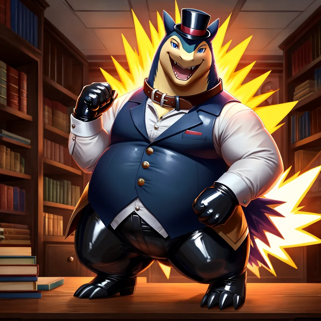 Solo, Male, fat, extremely obese, gentleman, dapper Professor Typhlosion, steampunk, blue eyes, (posing:1.3), (soft shading), 4k, hi res, ((detailed face, detailed)), looking at viewer, mouth wide open, evil laugh, dapper clothing, collared shirt with buttons, top hat, male focus, Explorer Outfit, glasses, monocle, vest with buttons, sleeves rolled up, round eyewear, brown headwear, brown vest, office, Typhlosion is wearing a glossy leather dog collar around the neck, Typhlosion is wearing the leather collar and shirt and vest at the same time, Typhlosion is wearing glossy white rubber gloves on the hands, wearing white rubber gloves on the feet, gloves are rubber in texture, clenching fists, leather collar is glossy and shiny with a lot of detail, Typhlosion is wearing gloves and leather collar at the same time, leather collar has a round dog-tag, leather collar is thick and detailed, leather collar is glossy and shiny, fancy clothing, dapper vest, dapper shirt, leather collar is thick, glossy leather collar.