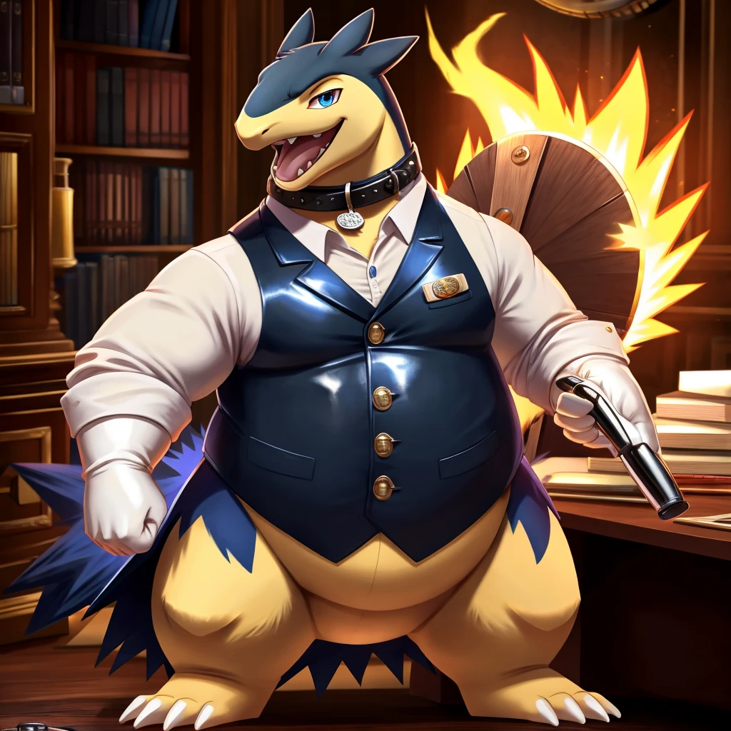 Solo, Male, fat, extremely obese, gentleman, dapper Professor Typhlosion, steampunk, blue eyes, (posing:1.3), (soft shading), 4k, hi res, ((detailed face, detailed)), looking at viewer, mouth wide open, evil laugh, dapper clothing, collared shirt with buttons, top hat, male focus, Explorer Outfit, glasses, monocle, vest with buttons, sleeves rolled up, round eyewear, brown headwear, brown vest, office, Typhlosion is wearing a glossy leather dog collar around the neck, Typhlosion is wearing the leather collar and shirt and vest at the same time, Typhlosion is wearing glossy white rubber gloves on the hands, wearing white rubber gloves on the feet, gloves are rubber in texture, clenching fists, leather collar is glossy and shiny with a lot of detail, Typhlosion is wearing gloves and leather collar at the same time, leather collar has a round dog-tag, leather collar is thick and detailed, leather collar is glossy and shiny, fancy clothing, dapper vest, dapper shirt, leather collar is thick, glossy leather collar.