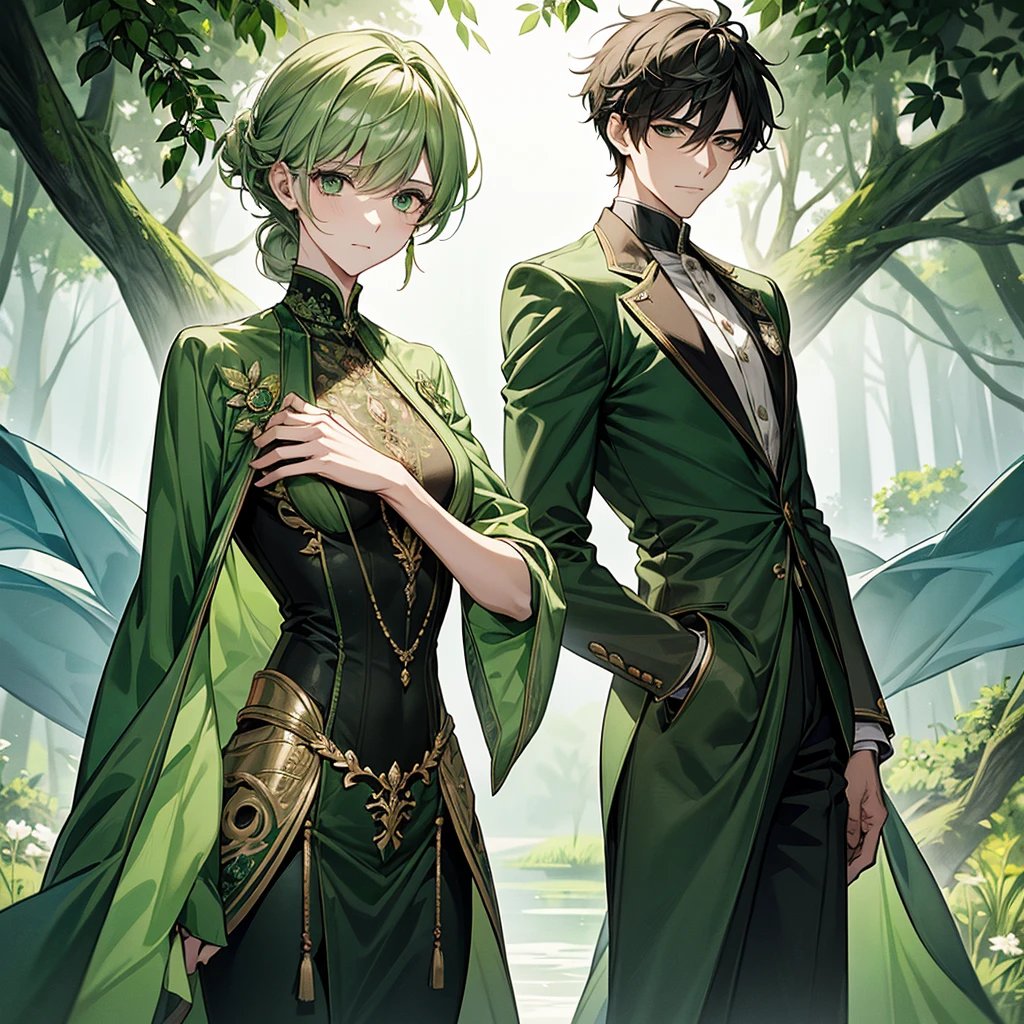 Create an image divided into four sections with a green theme: a lively Campaigner male, a serene Mediator female, a confident Protagonist male, and a wise Advocate male, each in distinctive poses against a unified backdrop with shades of green, incorporating delicate and mystical elements to enhance the overall visual appeal.