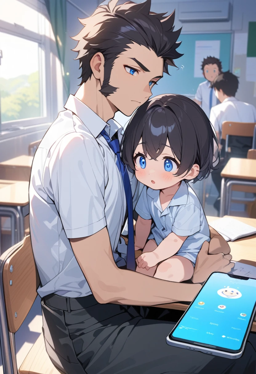 masterpiece, best quality, extremely detailed, ultra detailed, flat anime, 2D, ((1boy)),black hair, (short hair:1.5),blue eyes, height 1.7meters, (circle eyes:1.2), (young adult:1.2), Ear-length sideburns,height 1.7meters, High School Uniforms, white shirt, blue tie, ((short sleeves)), ((long pants)), sitting, closed mouth, thinking, upper body, summer, classroom, 11AM,looking at his smart phone., Operating a smart phone, , bangs,(tareme:1.2)