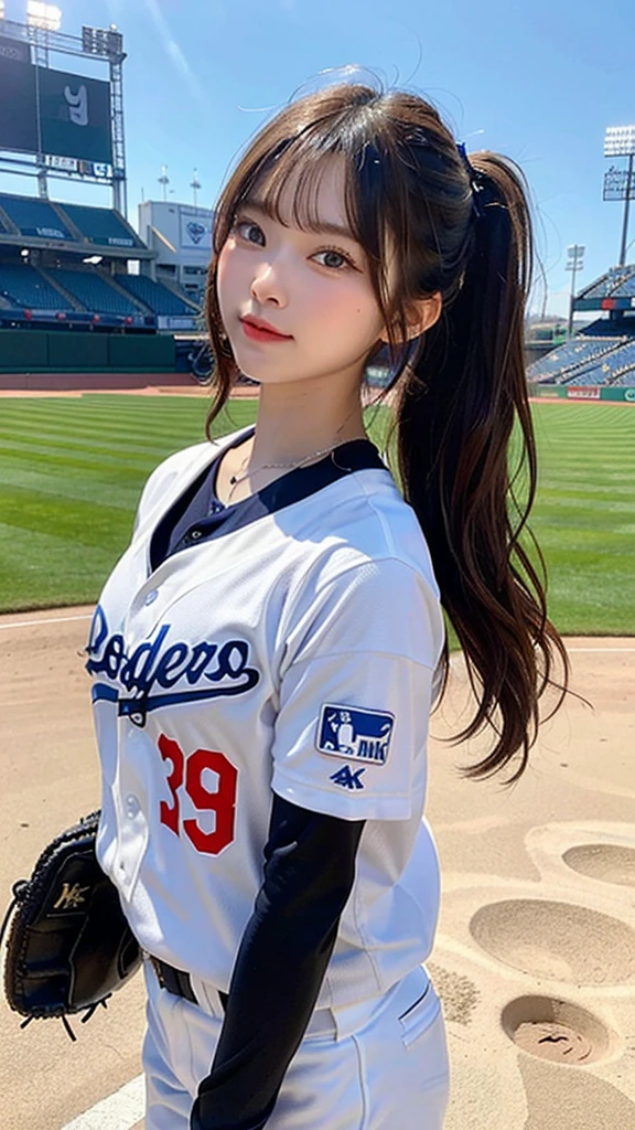(8k, masterpiece, highest quality),girl1name、baseball、support、Dodgers clothes、Simple baseball stadium background、head shot