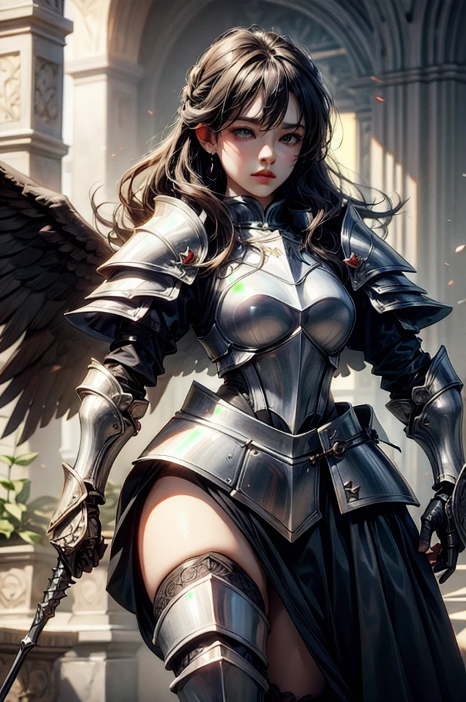 ((highest quality)),(Ultra-high resolution),(Very detailed),(Detailed Description),((The best CG)),(A masterpiece),Ultra-precise art,amazing drawing art,(Fantasy art with intricate detail:1.5), (female knight:1.5),(Intricately detailed armor:1.3), Black Kote:1.2,Red chest:1.4, Explosive Desire, Soaring female angel