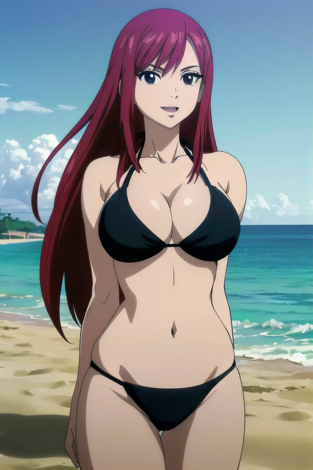 (black bikini only:1.6), groin, (vibrance:1.9), (beach during day time:1.4), windy, ultra detailed face, perfect anatomy, (cowboy shot:1.6), from front, standing, ultra detailed body and face, (thick arms:1.6), perfect body proportions, highest quality, 1girl, solo, (very little biceps) , smile, ERZASCARLET, BARE SHOULDERS, (big breasts:1.2) cleavage, off-shoulder, tall girl, (long hair:1.7), (free flowing hair:1.4), (floating hair:1.3), ultra detailed red hair, open mouth, big eyes, long belly, wide shoulders, beach, For the image quality, please prioritize (best quality, highres, masterpiece:1.8), itional prefixes