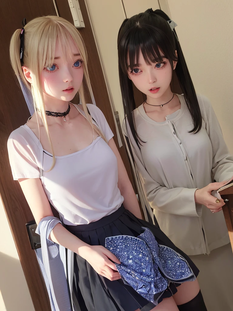 One girl,masterpiece,Highest quality,Blonde,stockings,Checked skirt),Short skirt JK,,Are standing,In total length,Medium chest,Very detailed,[[Realistic]],Beautiful and attractive anime ,Enchanting anime girl,Swinging skirt,blue eyes, hair ornaments, Hair Ribbon,Show your forehead、Twin tails、Random colored see-through  uniform、Lace choker, short hair,,No bra,,Very detailed肌, Realistic texture、Very detailed顔, (Beautiful Fine Eyes, ,The girl has a toned figure., Intricate details,Closely、Embarrassed expression、blush、Shining Sweat、Perfect Skin,Sweat is noticeable,胸の谷間のSweat is noticeable、太もものSweat is noticeable、 Fair skin,Tight waist, Sweating profusely、Sweaty hair、Clothes that become transparent due to sweat、Sweaty、Visible sweat、Sweat-soaked hair、Athlete System、Cherry blossoms fluttering down、Silver Hair、Night cityscape。Reflection of light、moonlight、No sleeve