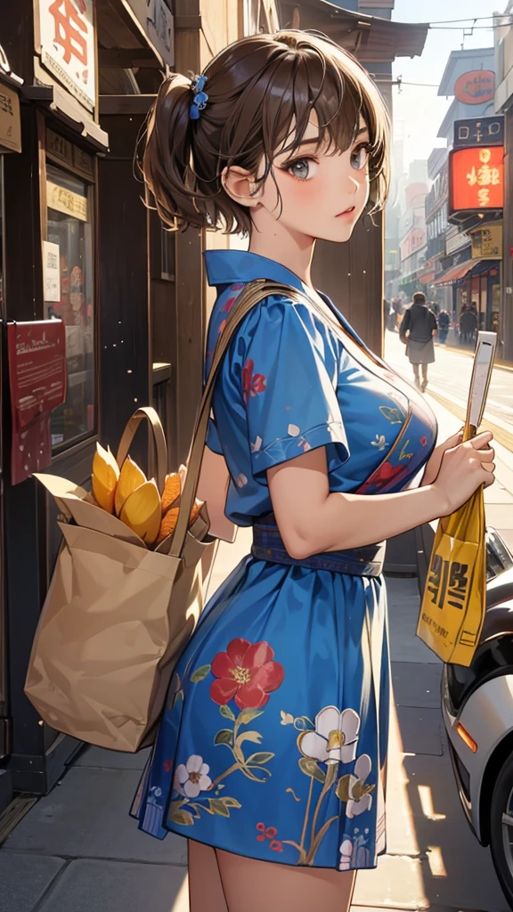 (perfect anatomy:1.2)(absurdres, highres, ultra detailed),masterpiece,best quality,high resolution,8k,Realistic face,Realistic skin texture,magnified textures, stunning clarity,detailed anime girl,(ultra detailed eyes and face),(:1.2),(baby face:1.se girl,floral printed blue yukata,、(very short hair, two side up:1.4)、tareme,light brown hair:1.2,kanzashi、glamor、short stature、(Impatience:1.4)(hurry:1.5)(bust up:1.4),Steampunk in the Edo Period、(Vivid hieroglyph signs and street advertisements:1.2)、,autumn、hieroglyph,souk、Shopping Street、Ancient Egyptian statues,reaching out,(tanned skin:1.3 ),big breasts,look up viewer,round face,Shoulder Bare,(from front:1.2),cleavage cutout,running