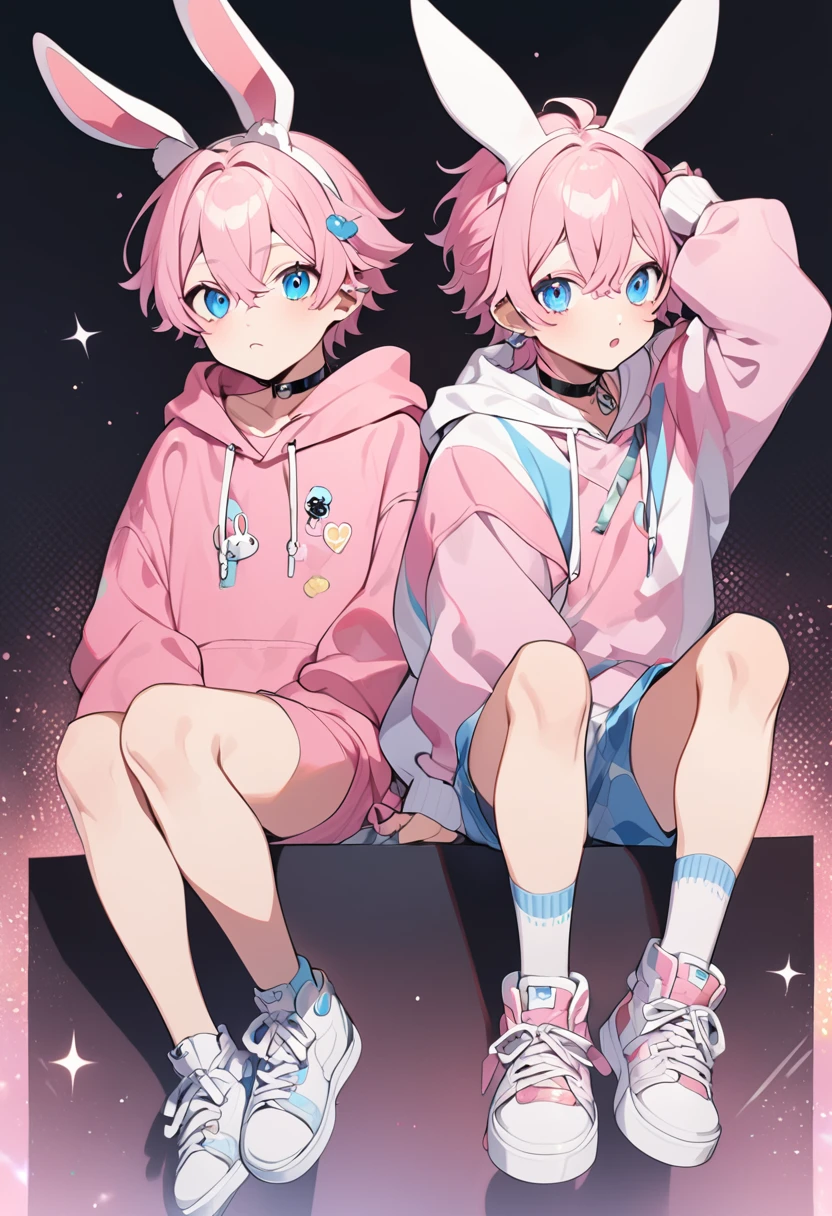 pink hair, boy, teen, rabbit ears, pink hoodie, blue eyes, choker, white shoes