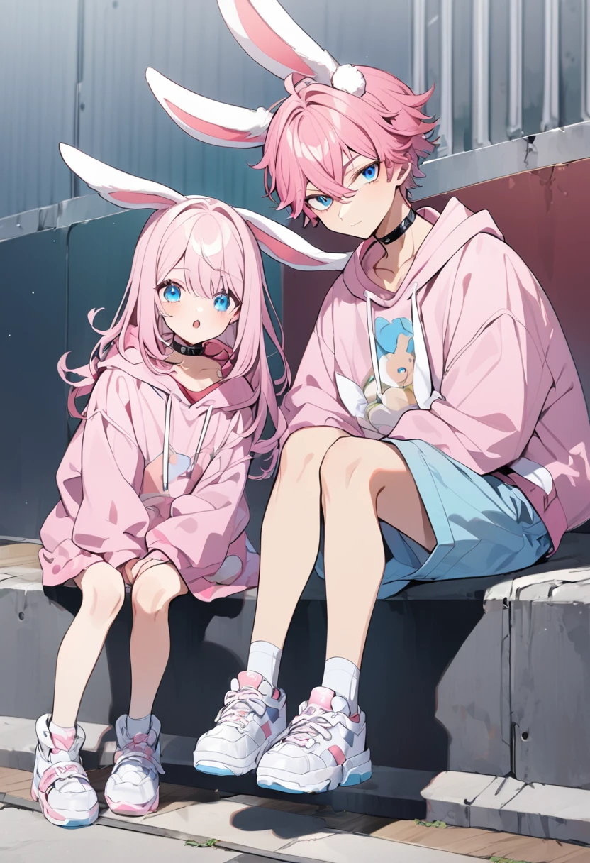 pink hair, boy, teen, rabbit ears, pink hoodie, blue eyes, choker, white shoes