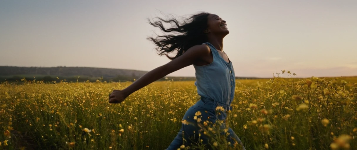 cinematic movie still, Film Grain, Chiaroscuro Lighting Style, a woman running through  field of flowers,1girl,solo,long hair,black hair,smile, half-closed eyes,flower,dark skin,flower field, cinematic film look, filmic, high contrast, detailed, high quality, sharp image, Kodak Motion Picture Film style, different color palette, highly detailed, high budget, bokeh, cinemascope, moody, epic, gorgeous, film grain, grainy