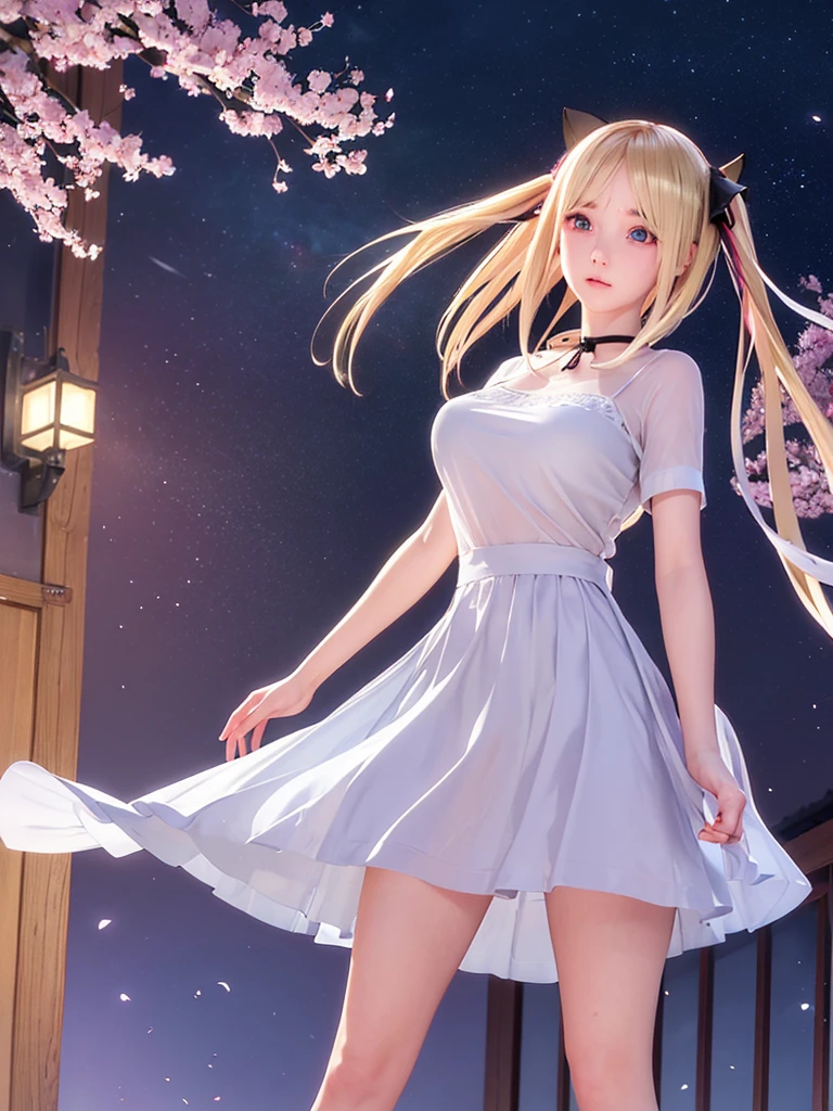 One girl,masterpiece,Highest quality,Blonde,stockings,Checked skirt),Short skirt JK,,Are standing,In total length,Medium chest,Very detailed,[[Realistic]],Beautiful and attractive anime teen,Enchanting anime girl,Swinging skirt,blue eyes, hair ornaments, Hair Ribbon,Show your forehead、Twin tails、Random colored see-through  uniform、Lace choker, short hair,,No bra,,Very detailed肌, Realistic texture、Very detailed顔, (Beautiful Fine Eyes, ,The girl has a toned figure., Intricate details,Closely、Embarrassed expression、blush、Shining Sweat、Perfect Skin,Sweat is noticeable,胸の谷間のSweat is noticeable、太もものSweat is noticeable、 Fair skin,Tight waist, Sweating profusely、Sweaty hair、Clothes that become transparent due to sweat、Sweaty、Visible sweat、Sweat-soaked hair、Athlete System、Cherry blossoms fluttering down、Silver Hair、Night cityscape。Reflection of light、moonlight、No sleeve