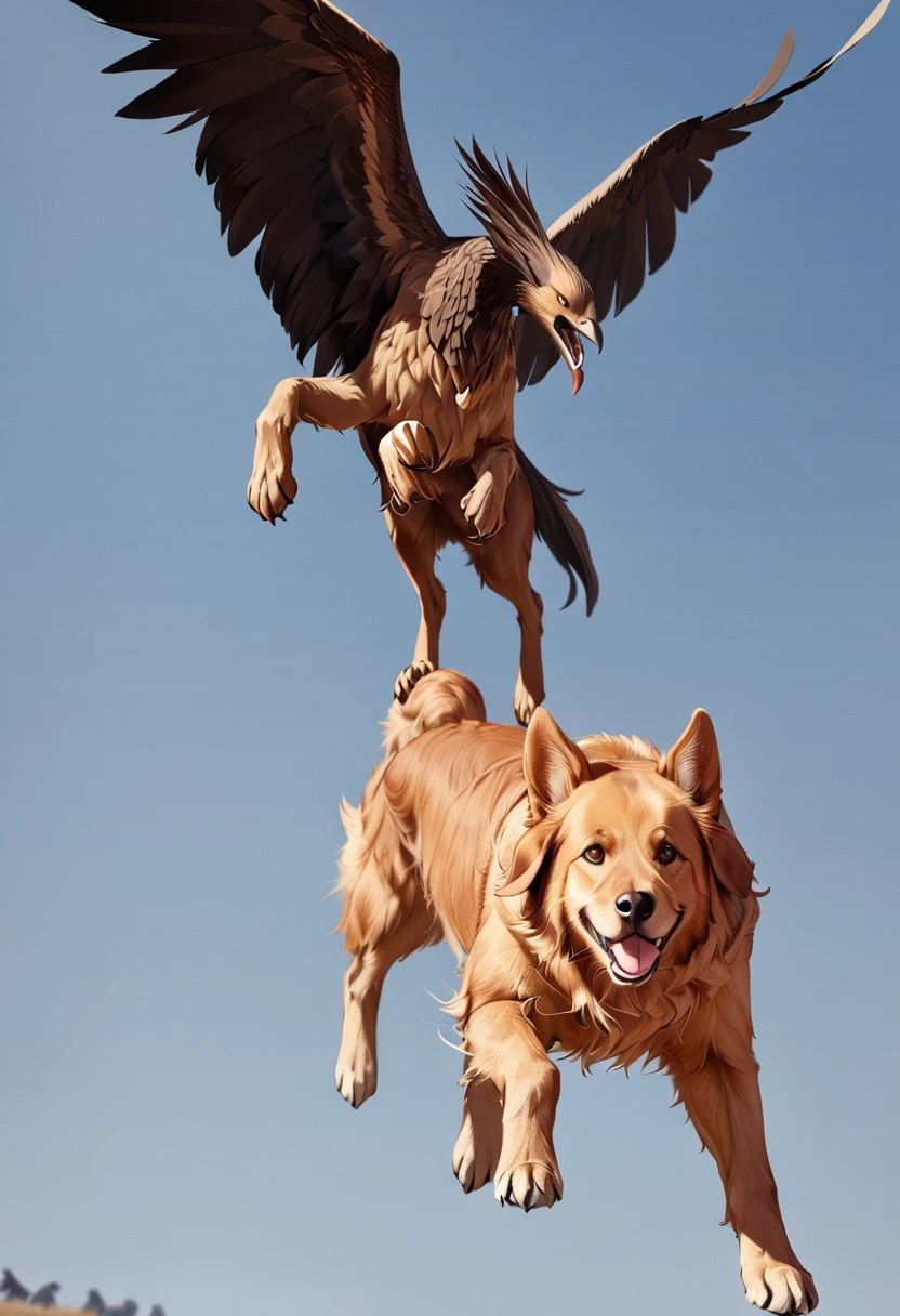 There is a bird flying over the dog, Eagle eats snakes, Flying giant animals, Hot Photos, Intense Combat, flying mythical beasts, The puppies merged into one, Threatening!!!, Split into wings in half, caught on camera, Thought-provoking, Very accurate pictures, Extremely clear images, Good vs. Evil, The battle between good and evil, standoff