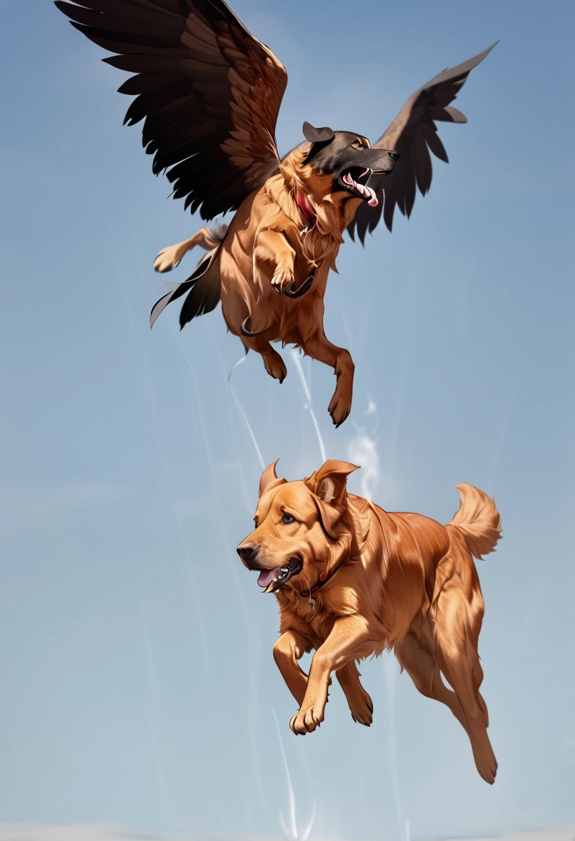 There is a bird flying over the dog, Eagle eats snakes, Flying giant animals, Hot Photos, Intense Combat, flying mythical beasts, The puppies merged into one, Threatening!!!, Split into wings in half, caught on camera, Thought-provoking, Very accurate pictures, Extremely clear images, Good vs. Evil, The battle between good and evil, standoff