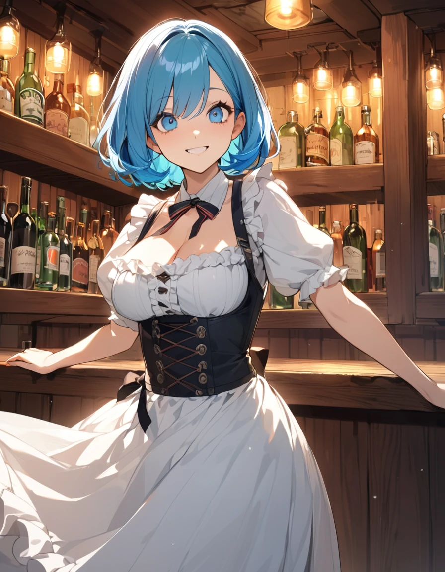 (Top quality illustrations:1.2), (pretty girl:1.1), (1 girl、), (1 girl、smile)、Big eyes、Bright blue hair、Short Bob Hair、Taverns in Germany、Inside the bar、Dirndl、One piece with frills、Long skirt、Beautiful breasts、Cowboy Shot