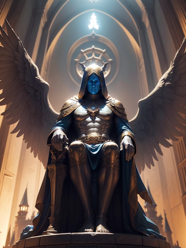 A bronze statue, on top of a castle, blue light emits from the statue, the statue looks like an ancient god, the statue is hooded and has wings, medieval fantasy world
