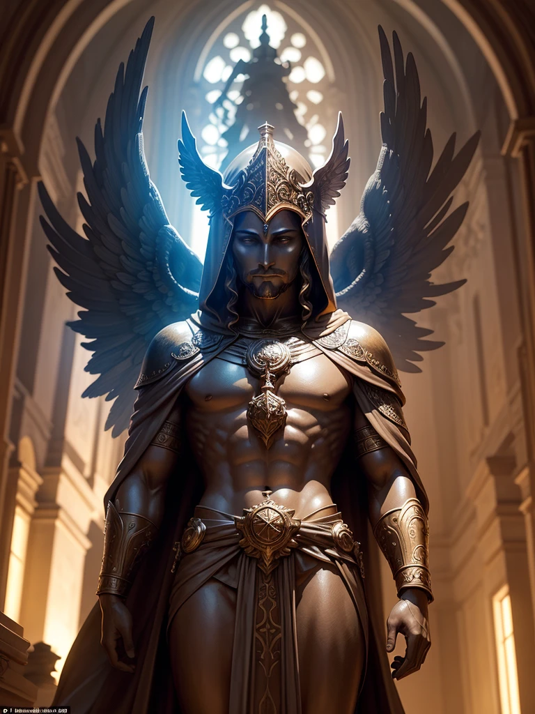 A bronze statue, on top of a castle, blue light emits from the statue, the statue looks like an ancient god, the statue is hooded and has wings, medieval fantasy world