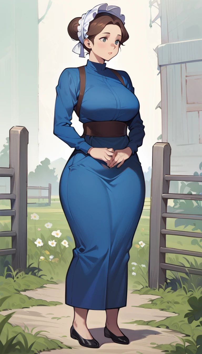 adult amish woman, 40 years old, pale skin, long sleeved blue dress, small black apron over her  blue dress, full body shown, very short brown hair in a conservative sleek bun, white bonnet kapp, wide hips, thick thighs, wearing simple black flats, thick legs, slightly below the knee dress, slight face wrinkles, tight sleeves, standing upright in a farm field, no makeup, round face, hands on lap, side view, aged face, busty, hourglass body figure, rosy cheeks