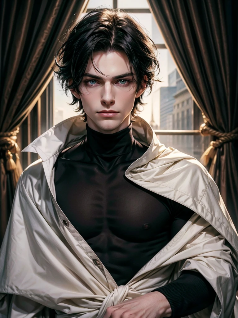(best quality), 1boy, pale skin, black hair, medium hair, curtain hair, tousled hair, green eyes, perfect eyes, dark circles under eyes, tall, slender, handsome, strong jawline, lazy, light smile, attractive, turtleneck sweater, masterpiece, anatomically correct, highres