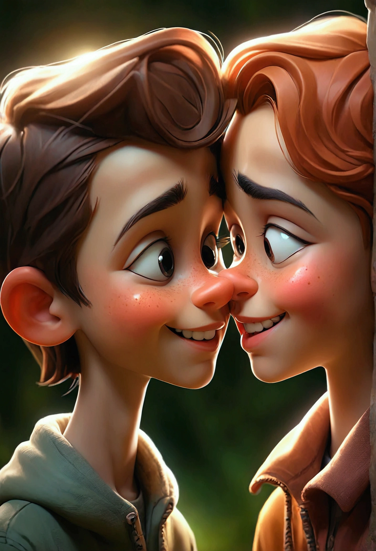 A boy and girl with cute smiles are kissing on the cheek