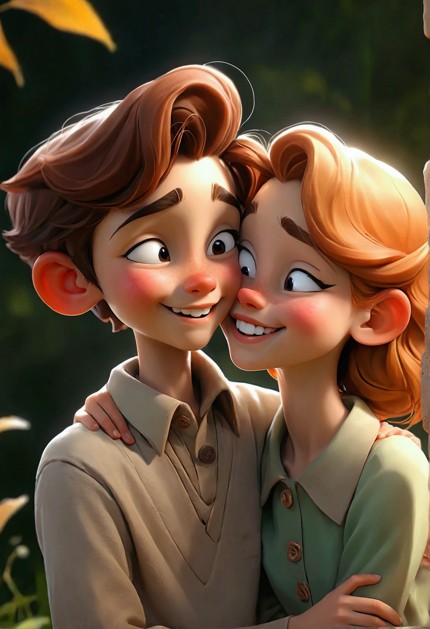 A boy and girl with cute smiles are kissing on the cheek
