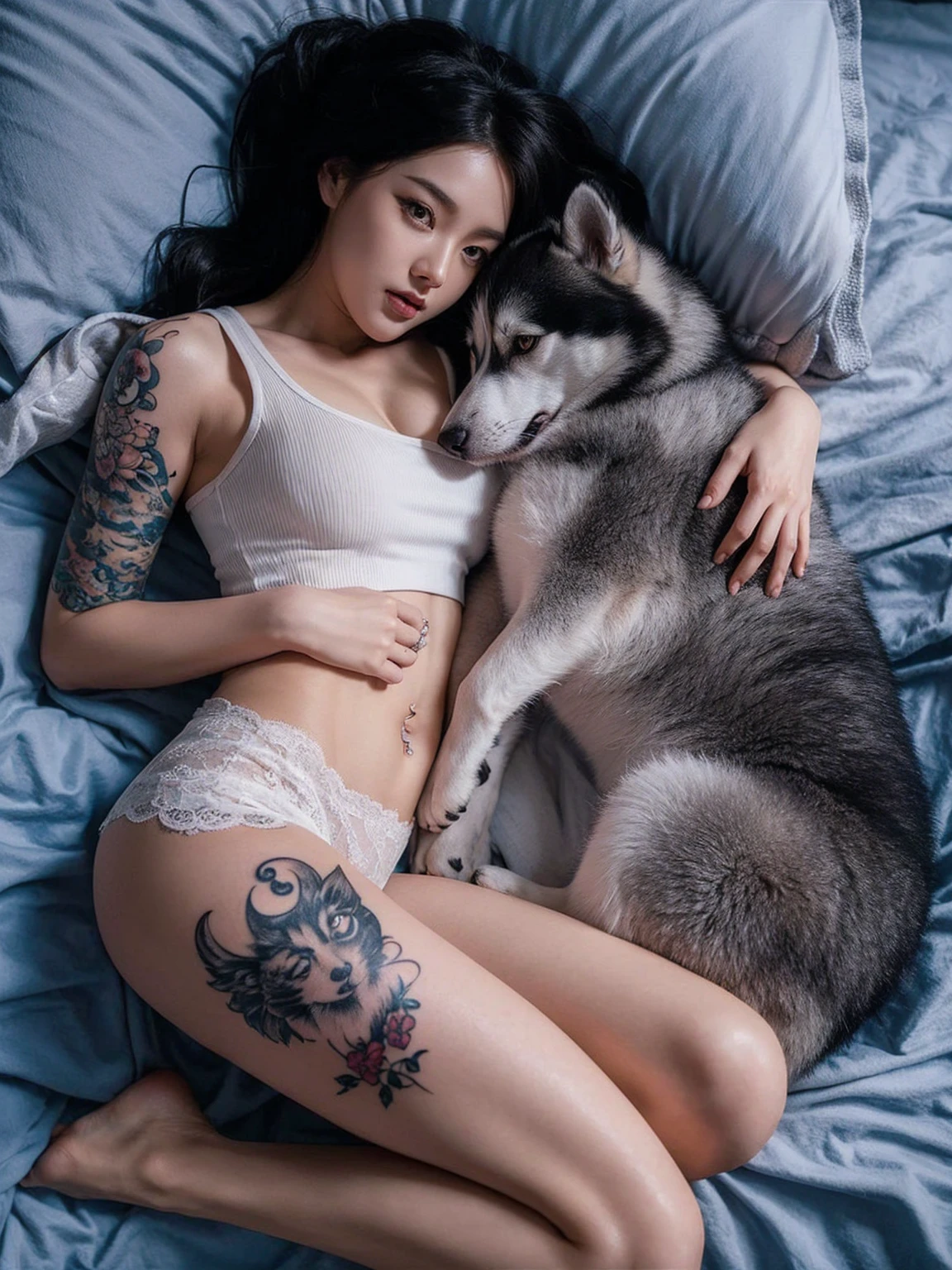 A beautiful white skin korean woman is lying on a bed, facing fowards with her left side lying a husky dog. She has long dark hair and multiple colorful tattoos on her left arm and right thigh. The tattoos on her arm include various designs and characters, while the one on her thigh depicts a stylized cat with large eyes and a crescent moon on its forehead. She is wearing a beige, ribbed tank top with deep v cuts showing her bare larged-size chest and white lace panties. The setting is a cozy bedroom with light-colored bedding and pillows. The atmosphere is intimate and relaxed.