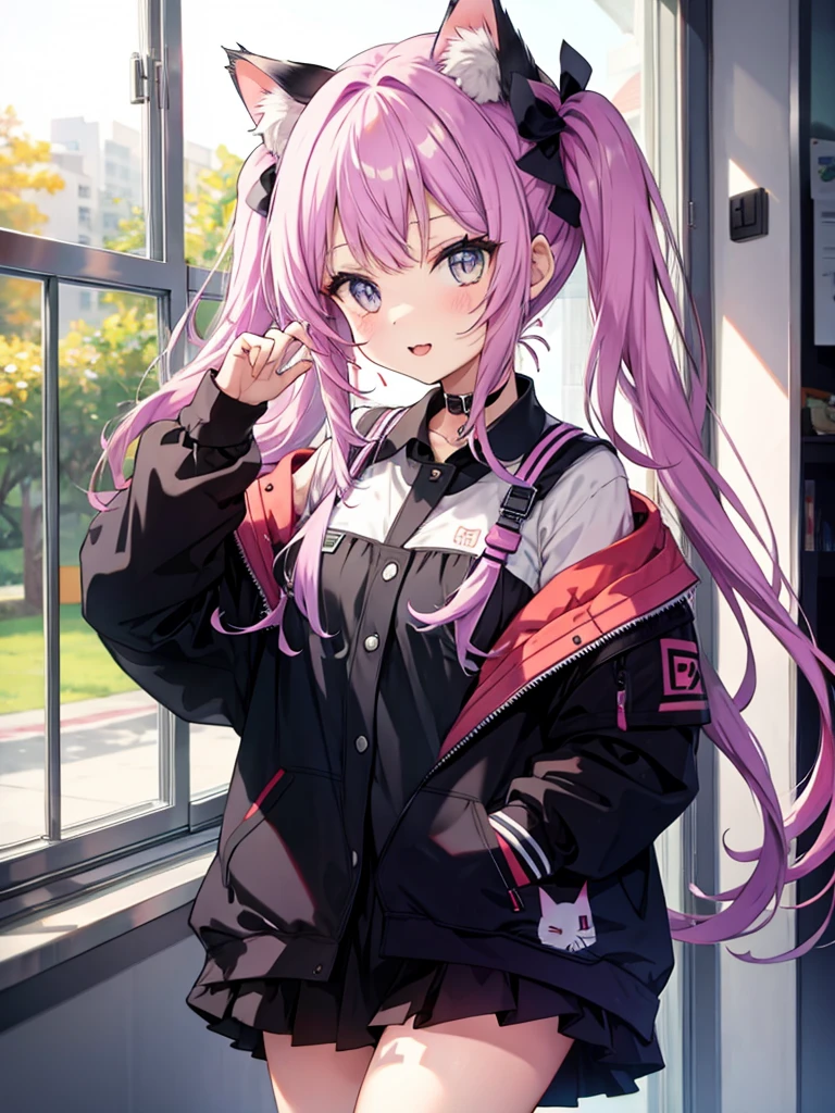 Twin-tailed girl imitating a cat's face