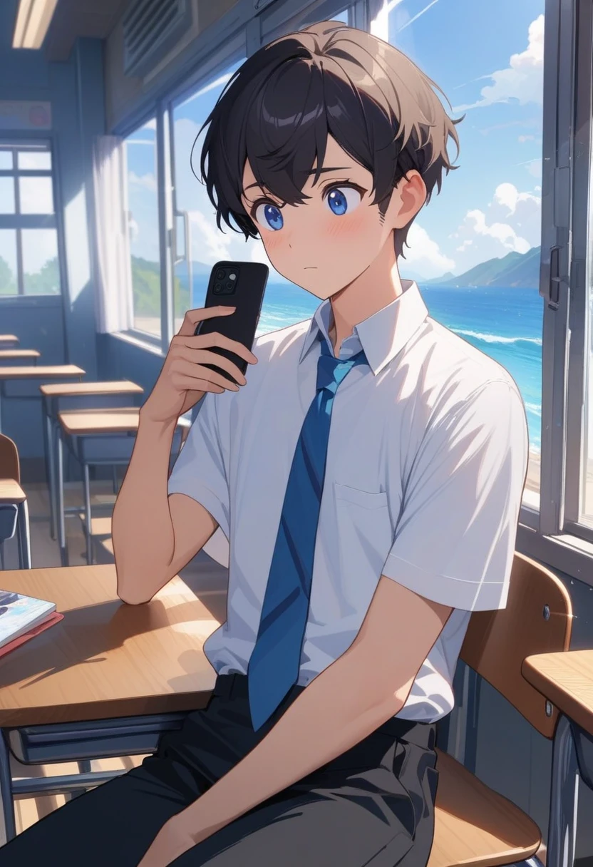 masterpiece, best quality, extremely detailed, ultra detailed, flat anime, 2D, ((1boy)),black hair, (short hair:1.5),blue eyes, height 1.7meters, (circle eyes:1.2), (young adult:1.2), Ear-length sideburns,height 1.7meters, High School Uniforms, white shirt, blue tie, ((short sleeves)), ((long pants)), sitting, closed mouth, thinking, upper body, summer, classroom, 11AM,looking at his smart phone., Operating a smart phone, , bangs,(tareme:1.2)