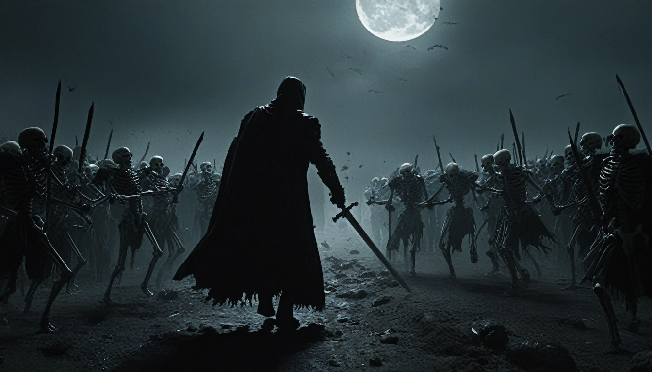 a man wielding a glowing sword rushes towards a army-sized horde of robed skeletons that surround him on all sides, noir, horror, magical, fantastical, cinematic, stark contrast, dark, dementors, tilted angle, off centered, dutch angle, ground level shot, moon, night, unique, detailed, oil painting masterpiece, dramatic, detailed background, detailed settings, artstation, Eerie, unsettling, spooky, suspense, grim, highly detailed, mystic, dynamic, movement, action