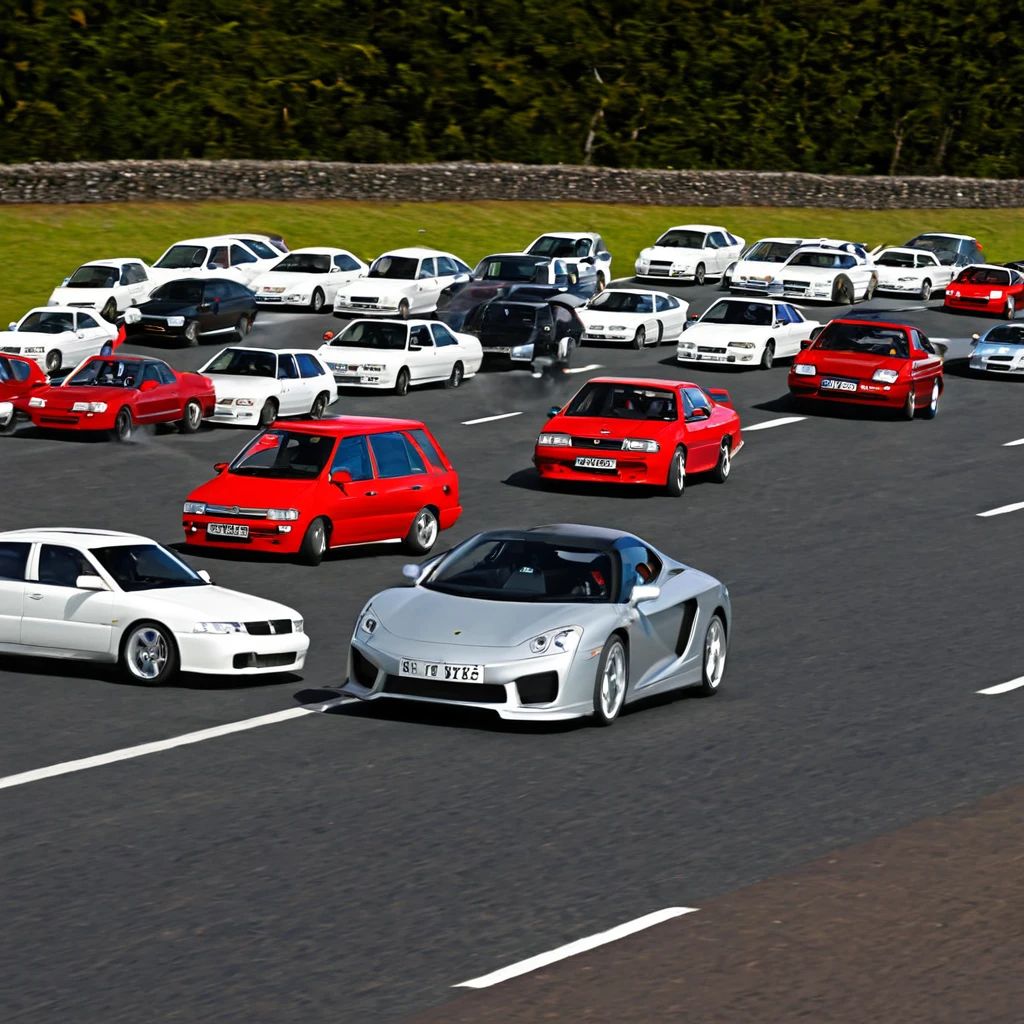 in a road car race, the old red car overtakes all the modern white cars
